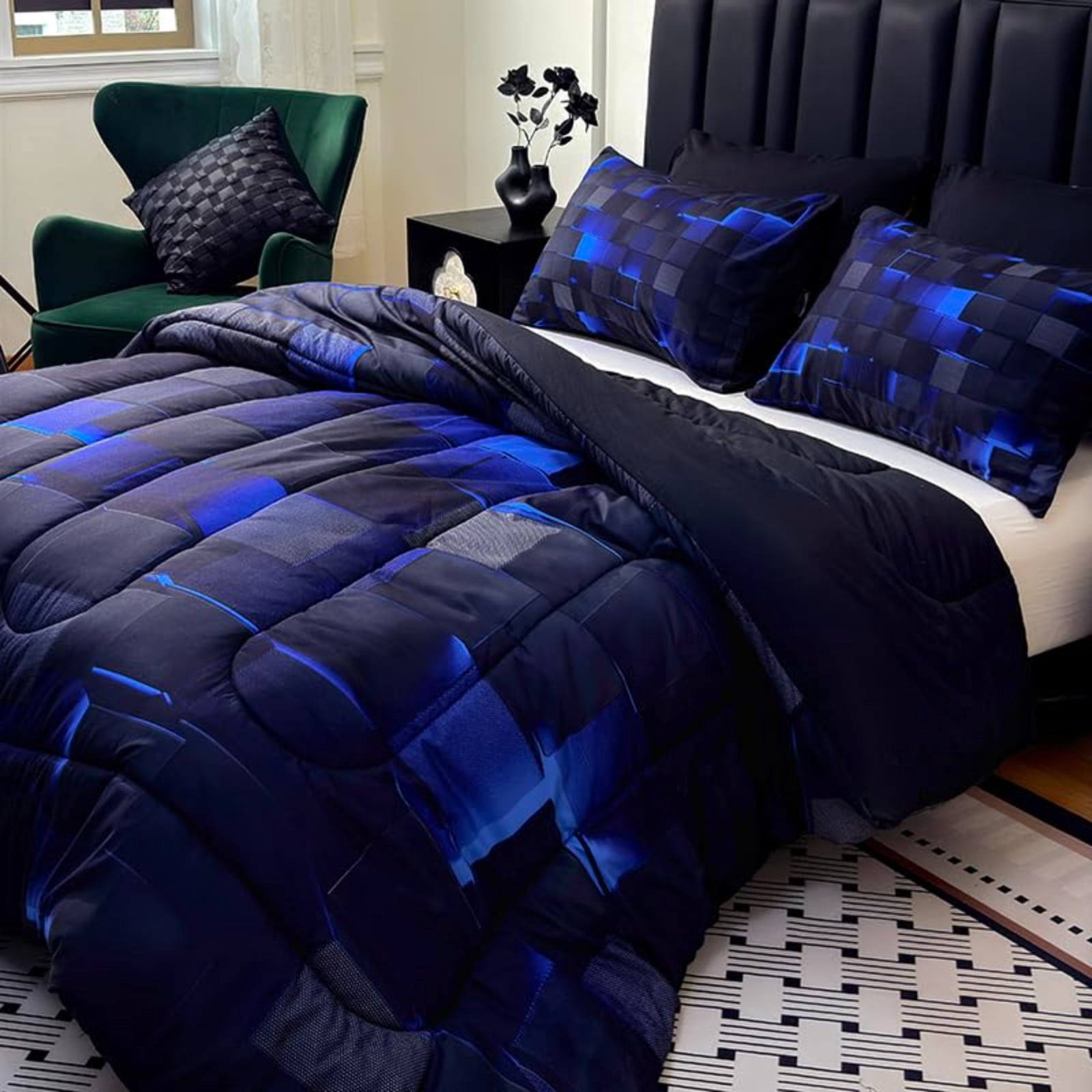 Flymme Geometric Comforter Set Twin Size,2 Piece Blue Black Neon Light Bedding Set for Boys Men ,Abstract Check Grid Comforter with Pillow Shams for Bedroom Decor