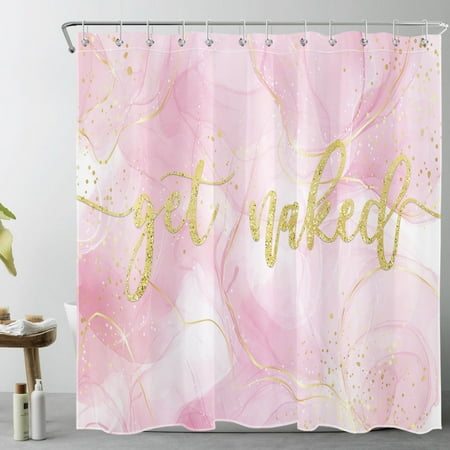 Modern Abstract Marble Shower Curtain for Bathroom, Pink and Gold Marble Textured Funny Quotes Get Naked Fabric Shower Curtain with Hooks, Colorful Pastel Bathroom Curtains Shower Set, 69x70 inches