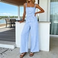 thumbnail image 5 of Jumpsuits for Women Casual Summer Cruise Spring Fashion Smocked Wide Leg Gingham Rompers with Pockets Light Blue, 5 of 8