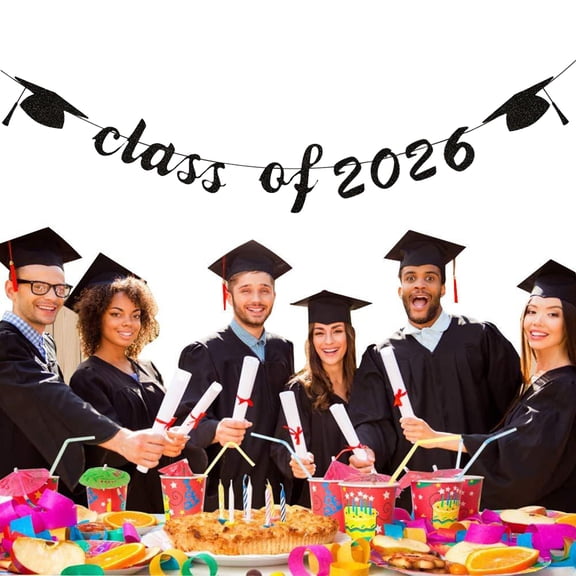 2026 Graduation Banner Garland Decorations, Black Glitter Class of 2026 Hanging Banner with Graduation Cap Design, Pre-Assembled Party Supplies for School, Home, Car, Photo Backdrop