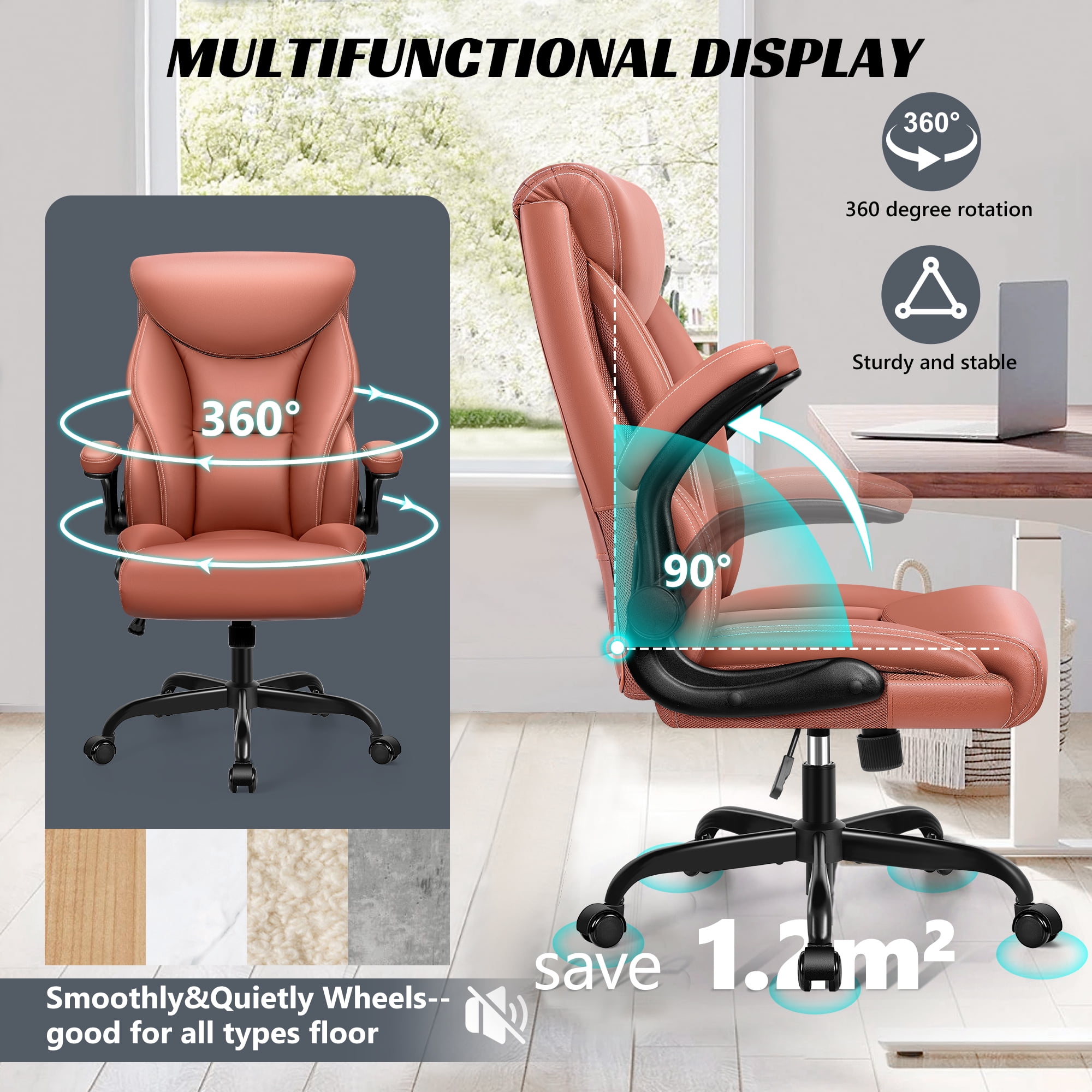 ATHOPE Executive Office Chair, Leather Office Chair with High Back Flip Up Armrests, Height Adjustable Comfy Desk Chair with Wheels, Ergonomic Computer Chair, Matte Brown