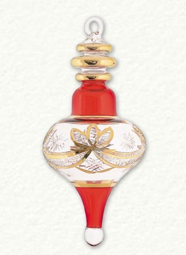Red and Gold Etched Finial Egyptian Glass Christmas Tree Ornament Made