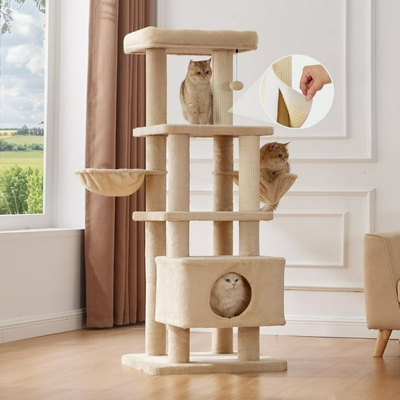 Nomipaw Cat Tree 65”, 6-level & Heavy Duty Cat Tower with Φ3.23in Posts, 2x Natural Sisal Scratching Posts(Replaceable), 2x Hammock, Condo and Washable Top Perches, For Indoor Cats, Beige