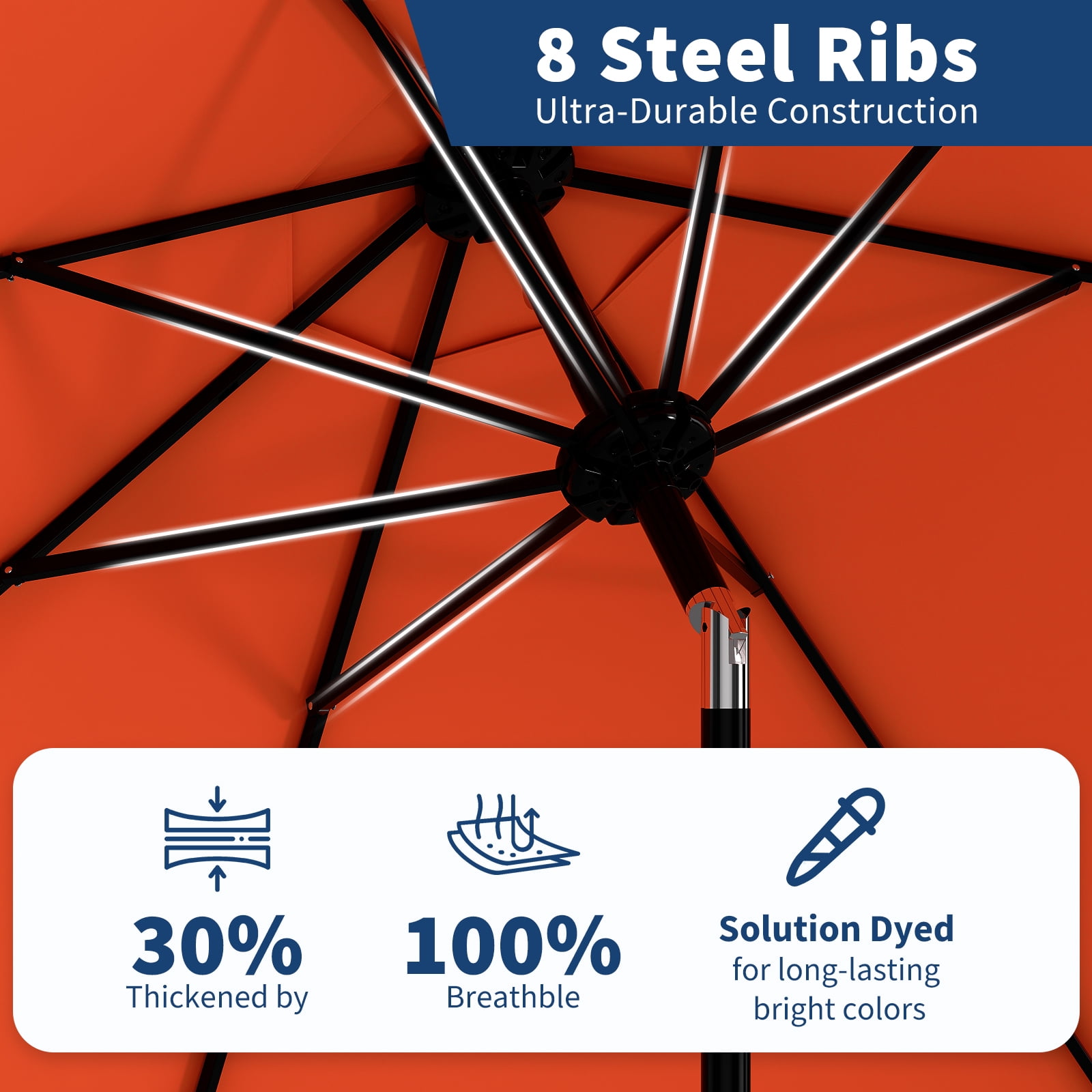 10FT Patio Umbrella Outdoor Market Sun Parasol – 8 Sturdy Ribs, 360° Adjustable Tilt & Crank, UV Protection, Waterproof, Table Shade for Deck, Pool, Garden, Camping