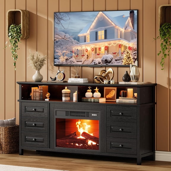 Garvee 60" Fireplace TV Stand with 23" Electric Fireplace, Farmhouse Wood Entertainment Center with 6 Drawers, Fits TVs up to 65", Black