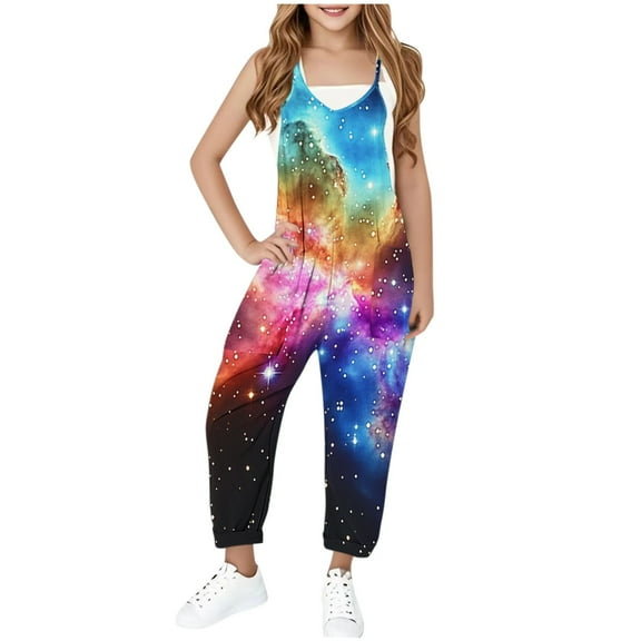Sentmoon Girls Jumpsuit Thin Strap Sleeveless Regular Rompers V Neck Fashion Print Summer Bib Overalls with Pockets Fashion Child for Tropical Vacation Multicolor 9 Years