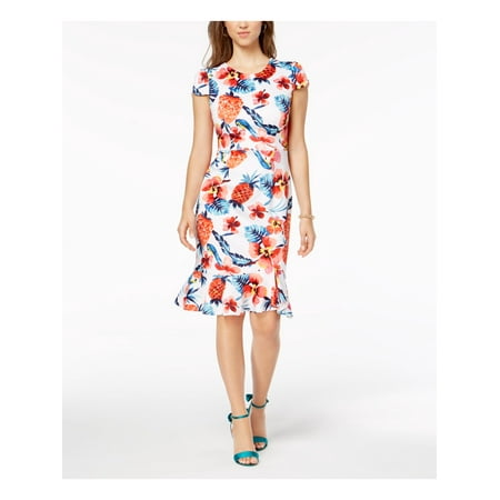 BETSEY JOHNSON Womens White Floral Ruffled-h Short Sleeve Jewel Neck Below The Knee Body Con Party Dress Size: 12