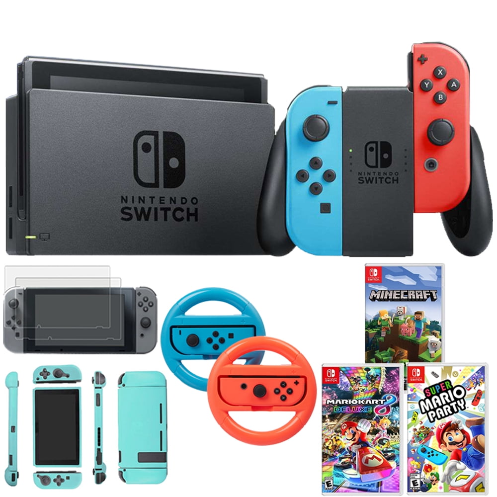 Nintendo Switch 32 Gb Console W Neon Blue Red Joy Con Hacskabaa W Super Mario Party Kart 8 Deluxe Minecraft Steering Wheel For Nintendo Switch 2 Pack Screen Protector