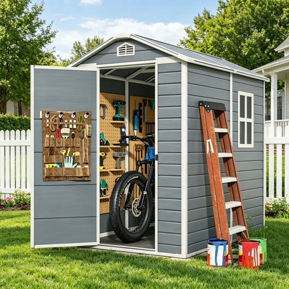 Asofer 6x4 ft Outdoor Resin Storage Shed with Floor & Lockable Doors - Heavy Duty Plastic Garden Shed for Backyard|Patio|Lawn Tool Organization - Grey