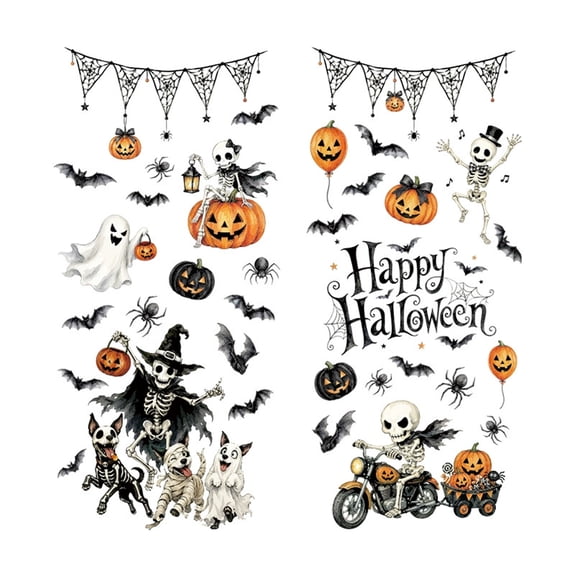 Halloween Decorations Static Cling Window Stickers, Skeleton Pumpkin Bat Ghost Spiderweb Decals for Window and Walls, Halloween Party Home Decor, Reusable Seasonal Accents