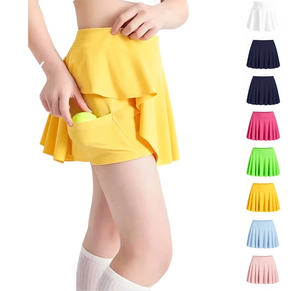 Kids Girls Tennis Skirts with Built-in Shorts Casual High Waist Ruffle A-line Skorts with Pockets, Workout Sports Running Skorts for Girls 5-6 Years