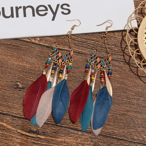 HOOUN Ethnic Feather Earrings Bohemian Tassel Earrings Women's Earhook Beach Vacation-#2051 Multicolour