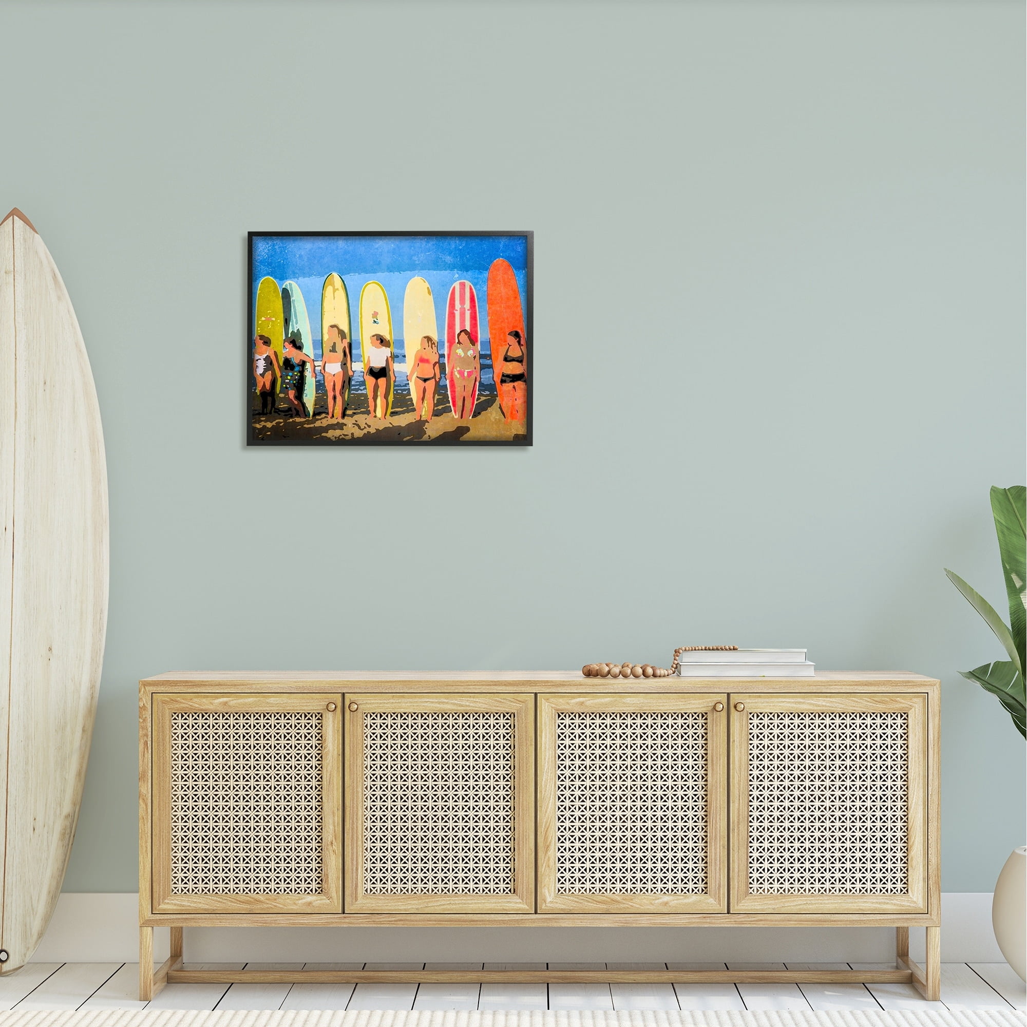 Stupell Industries Modern Pop Style Women Surfing Ocean Sports Graphic Art Black Framed Art Print Wall Art, Design by Graffitee Studios