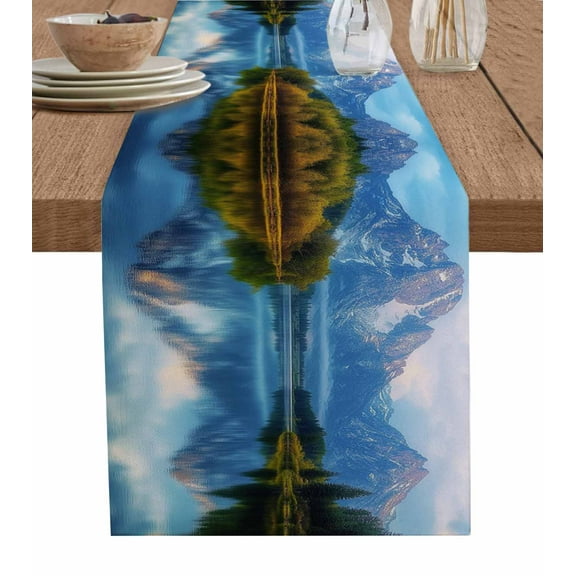 ERUNPONLY Grey Mountain Table Runner - 60 Inch Long Green Forest Modern Art Farmhouse Cotton and Linen Blended Dress Scarves Farmhouse Table Runner for Kitchen Dining, Coffee Table, 13"x60"