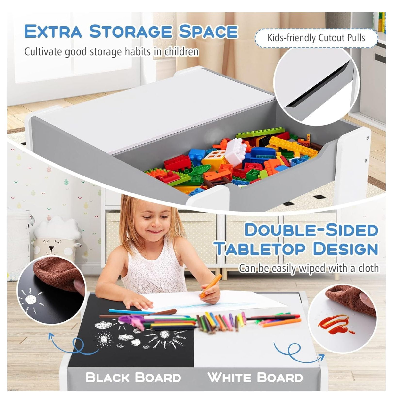 Kids Table and Chair Set, 4-in-1 Wooden Activity Table with 2 Chairs, Reversible Blackboard, Toddler Furniture for Art, Storage, Ages 3-6