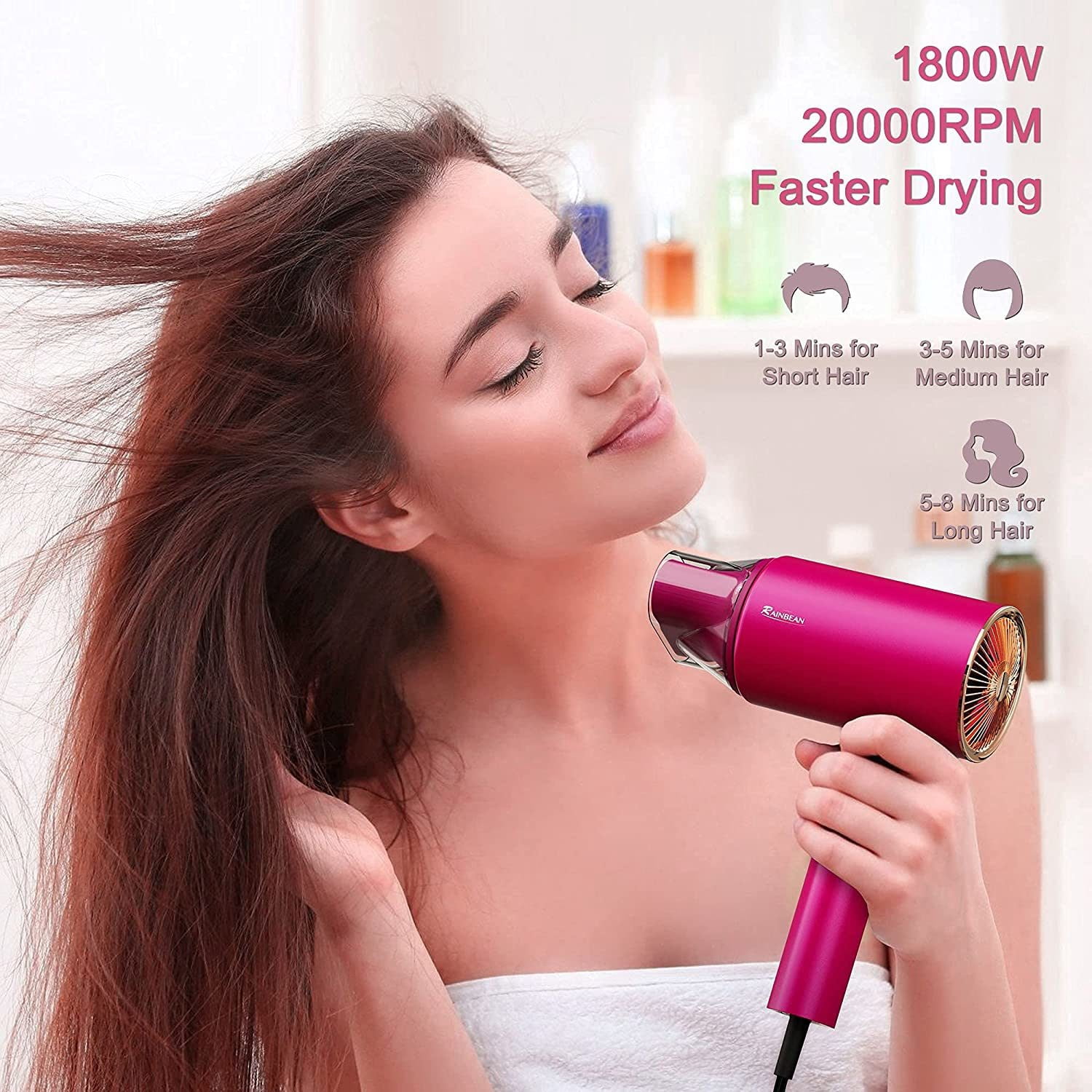 VIPMOON 1800W Water Ionic Hair Dryer, Blow Dryer with Magnetic Nozzle, 2 Speed and 3 Heat Settings, Powerful Low Noise Fast Drying Travel Hair Dryer for Home, Travel and Salon, Pink