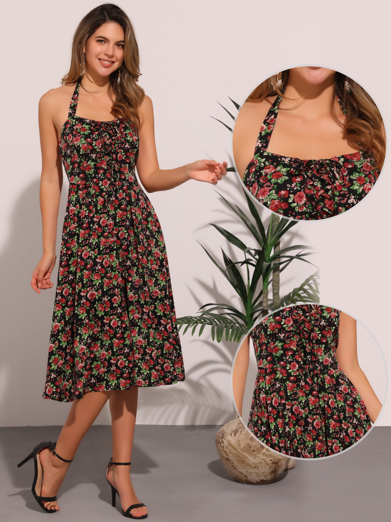 DARING DIVA Women's Halter Sleeveless Lace Up Floral Midi Dresses L Black Rose
