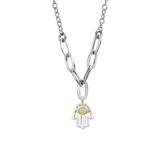 Gem Stone King Made in Italy 925 Silver and 10K Yellow Gold Lab Grown Diamond Pendant Necklace for Women with Hamsa Charm Set with Moissanite
