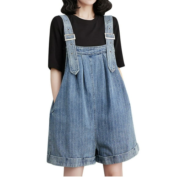 Timegard Denim Overalls for Women Adjustable Strap Loose Short Jean Rompers with Pockets Summer Fashion