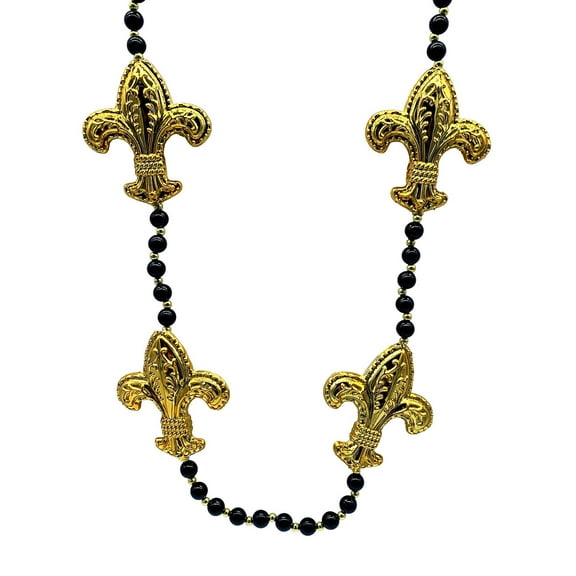 Mardi Gras Spot 42" Necklace with Four 3.5" Black and Gold Fleur de Lis