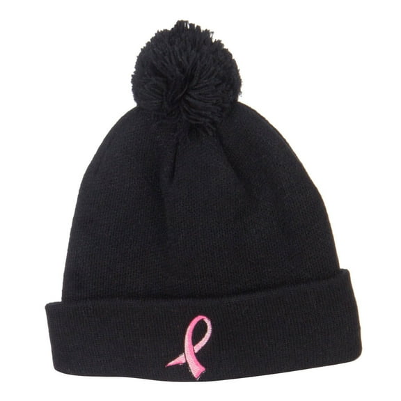 Ribbon Breast Cancer Embroidered Pom Beanie - Black OSFM
