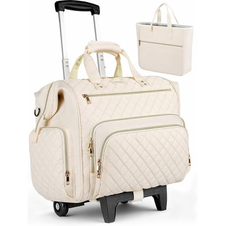 Rolling Teacher Bag, 16 Inch Rolling Laptop Bag with Detachable & Teacher File Tote, Large Roller Briefcase for Teaching Office Work, Women, Craft Nurse,Beige