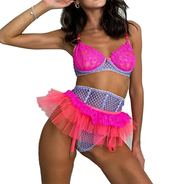 Conjunto de lencería para mujer, elegante, a la moda, bloque de Color, sujetador de malla de encaje, panty, liguero, conjunto para noche de bodas