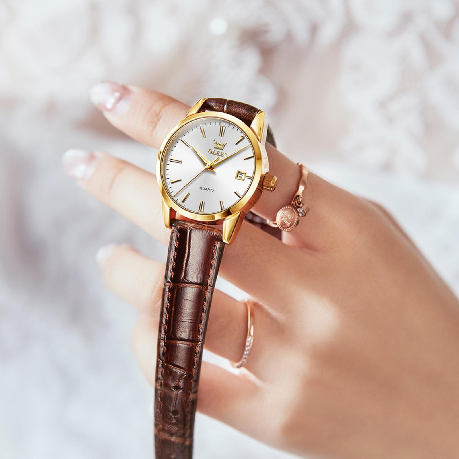 OLEVS Watches for Women Luxury Dress Analog Quartz Easy Read Digital Date Classic Luminous Brown Leather Strap Waterproof Female Wrist Watches Relojes para Mujer