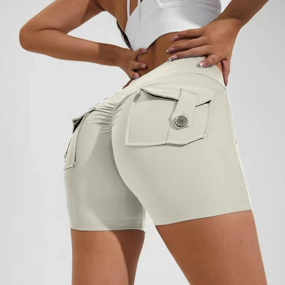Meichang Yoga Cargo Shorts for Women Butt Lifting Tummy Control High Waist Workout Shorts Solid Tight Running Joggers Gym Biker Shorts Yoga Shorts for Women with Pockets White S