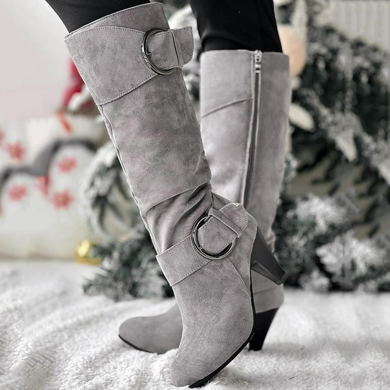 Mid Calf Grey Suede High Heel Boots Wide Calf Knee High Boots For