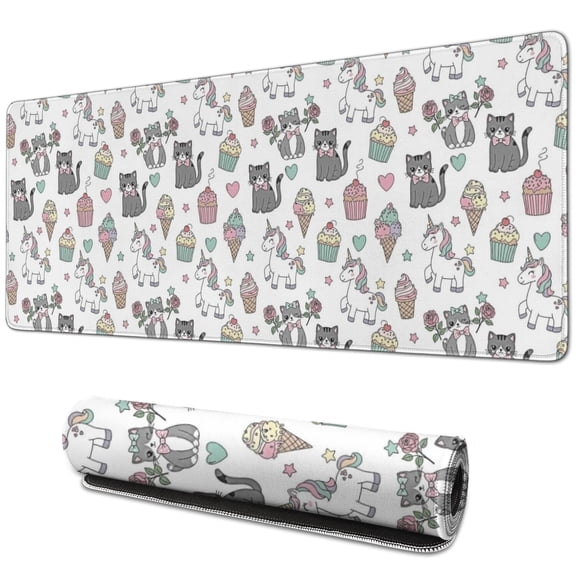 Long Mouse Pads for Desk,White Cartoon Unicorn Cat Dessert Desk Mats on Top Of Desks, Desk Mouse Pad Extra Large with 3mm Non-Slip Base and Stitched Edge for Gaming,Work,Home 31.5"x11.8"