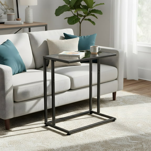 Tempered Glass C-Table - Black Metal Frame - Sofa Side Table