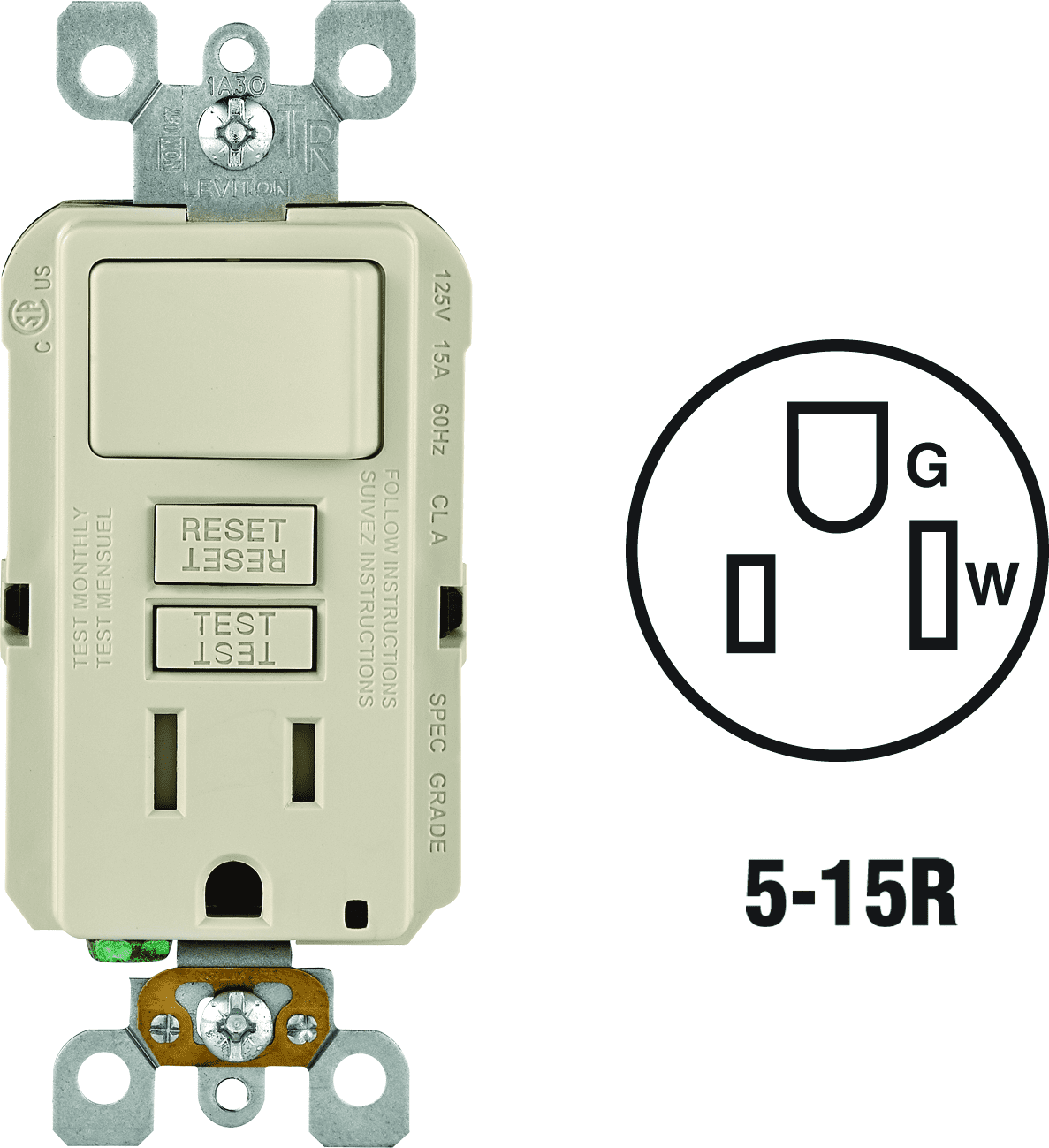 Leviton Tamper-Resistant GFCI Receptacle in Almond — UL Listed for US Residential Electrical Code Compliance, Drop-in NEC-Standard Wiring