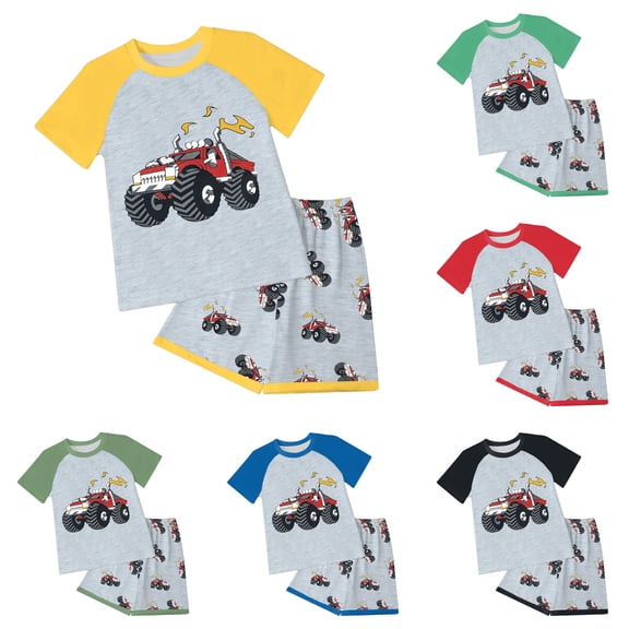 larppty Toddler & Big Boy 2-Piece Monster Truck Outfit – Raglan Short Sleeve T-Shirt & Shorts Set, Casual Playwear for Kids 2-12Y(Black, 9-10 Years)