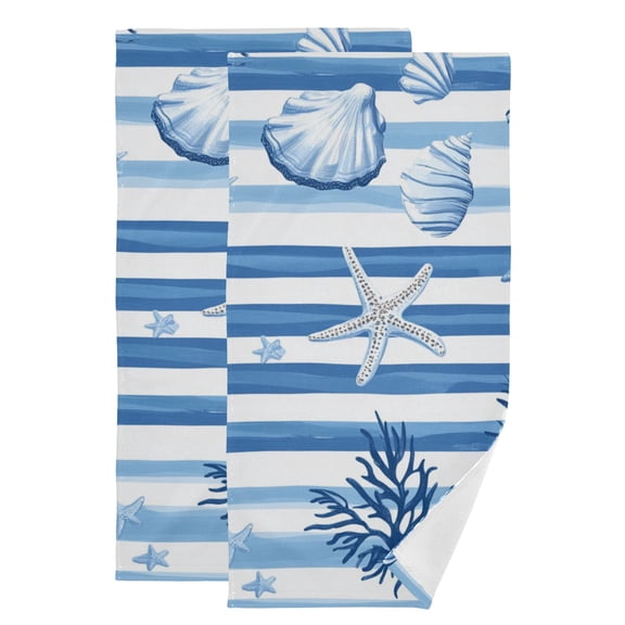 Blue Stripes Shells Starfishes Water Plants Hand Towel Absorbent Bath Towels for Bathroom Sports Gym 28" x 14" Set of 2