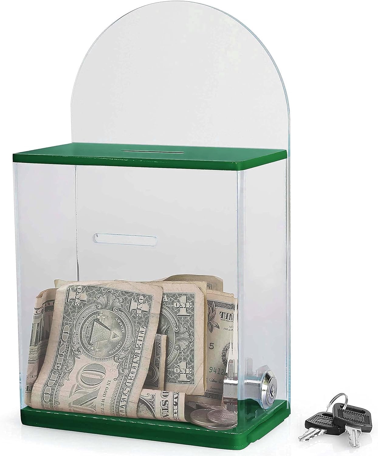 Acrylic Donation Suggestion collection Box Pre Drilled Holes For Wall mounted Or Retail Countertop Tip Box with round back wall display area 10 x 6 inches, Lock With set of keys Green