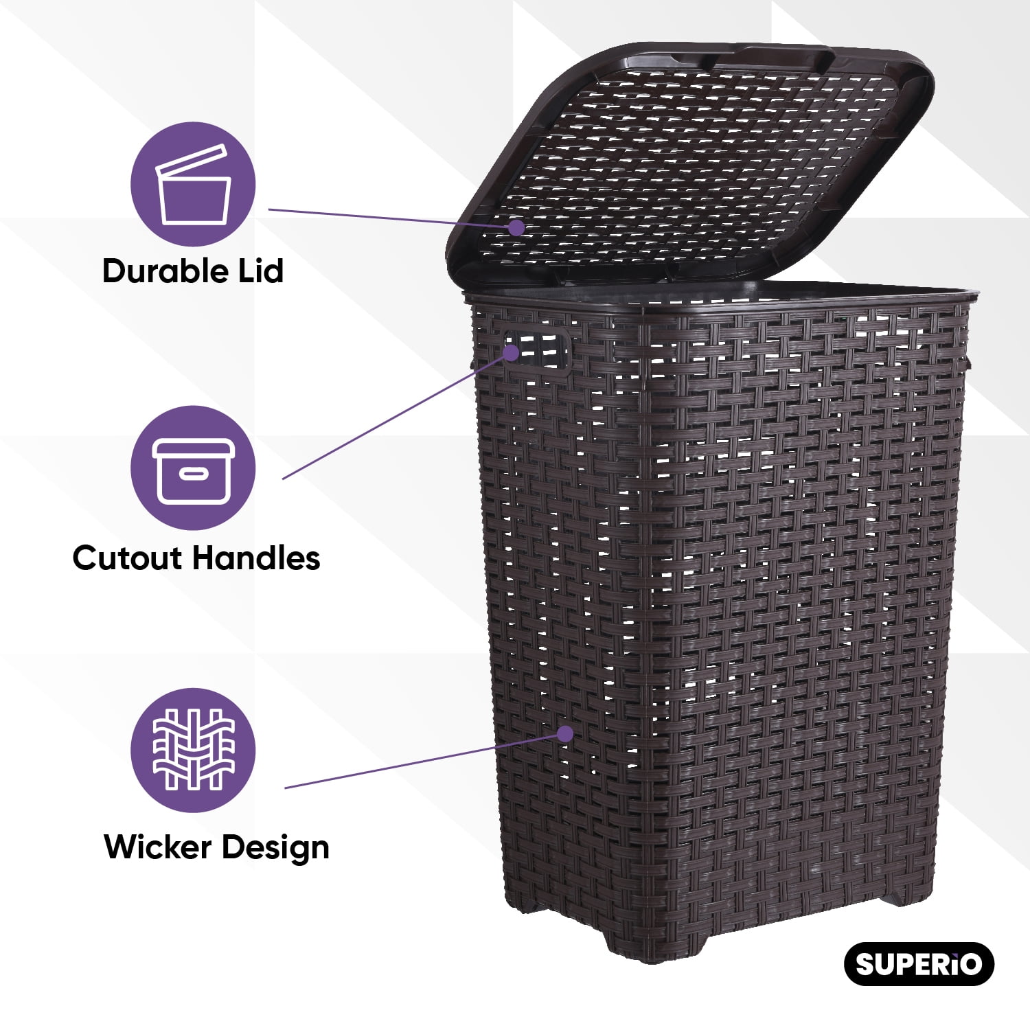 Superio Laundry Basket, Laundry Hamper with Lid, large 60-liter wicker style hamper with cutout handle, to storage dirty clothes in washroom, bathroom, or bedroom, beige.