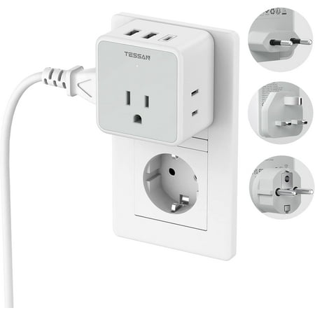 TESSAN All European UK Travel Plug Adapter Kit, International Detachable Converter with 3 Outlet 3 USB Charger (1 USB C), Type C/G/E/F EU UK Power Adaptor, US to Europe Italy Spain France Ireland