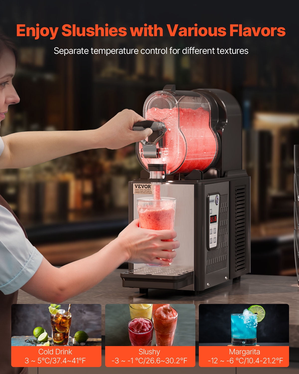 VEVOR Commercial Slushy Machine, 3L Single Tank Frozen Drink Machine, 12 Cups Stainless Steel Margarita Smoothie Frozen Drink Maker, Slushie Maker