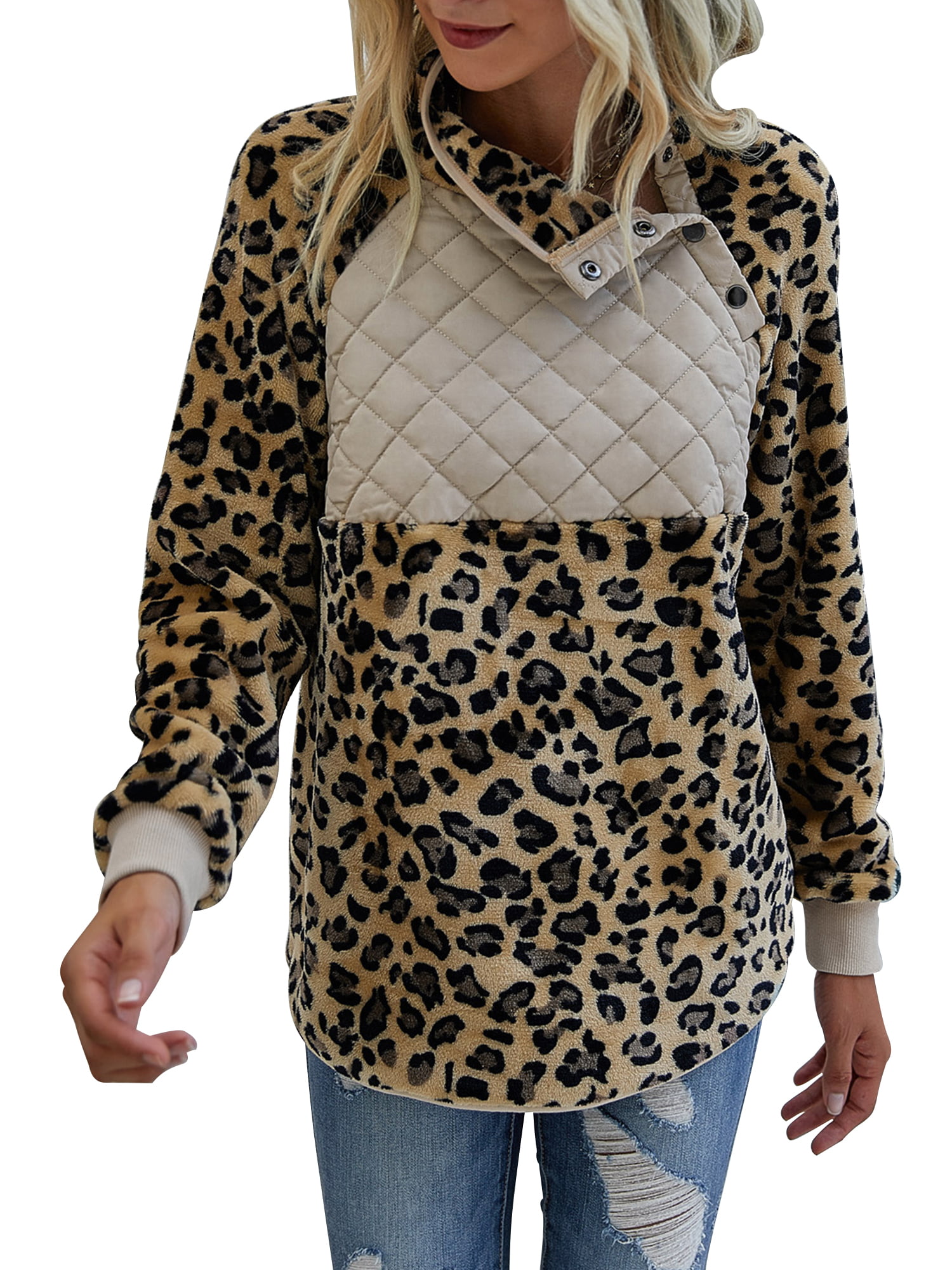Women Long Sleeve Half Zip Pullover Sherpa Fuzzy Leopard Print Jacket Patchwork Fleece Sweatshirt with Kangaroo Pocket