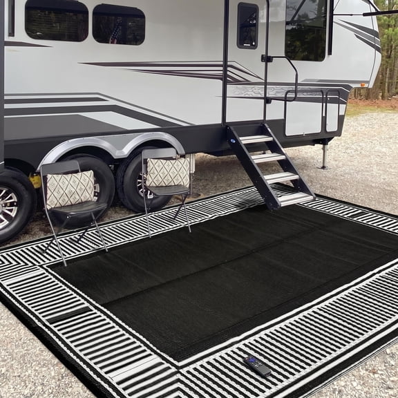 9'x18' Reversible Waterproof Plastic Straw Outdoor Rug, Standard Size, Black White, RV Patio Camping, Lightweight