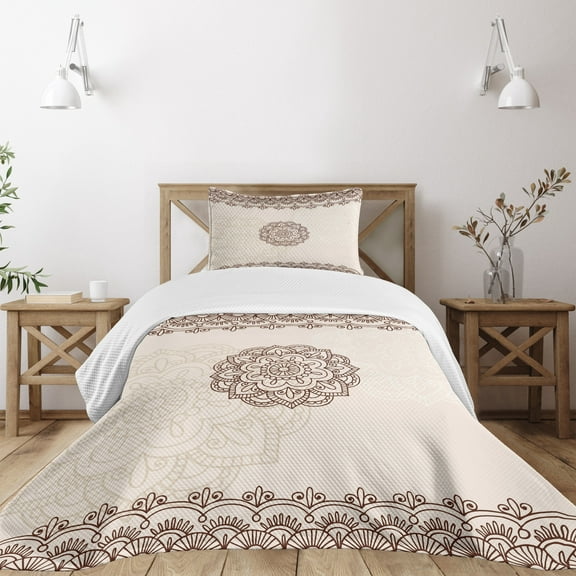 Ambesonne Ethnic Quilted Bedspread Set 2 Pcs, Geometrical Swirls Lines, Twin Size, Beige Brown