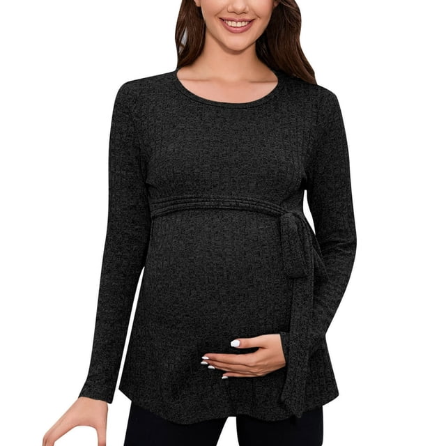 T-shirt de Maternité pour Femmes à Ourlet Irrégulier et Uni, Décontracté, à Manches Longues, Col Rond, Basique, T-Shirt d'Allaitement