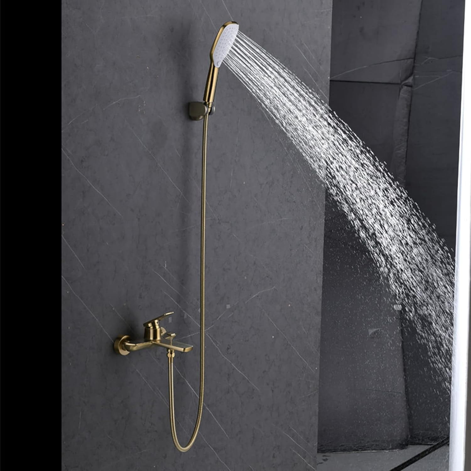 Wall Mounted Bathtub Faucet with Handheld Hand Shower, Brushed Gold Mixer Tap, Single Handle Shower Faucet with Tub Spout