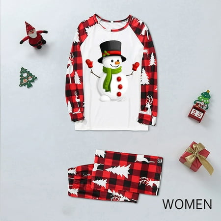 

NEGJ Women Mom Family Christmas Pajamas Cute Christmas Snowman Print Pajamas Plaid Holiday Pajamas Set Parent Child