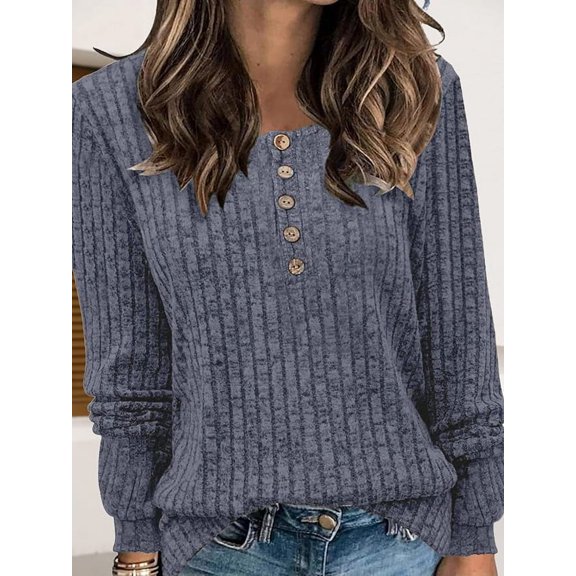 Women's Long Sleeve V-Neck Top, Ribbed Knit Button Sweater, Stylish Loose-Fit Pullover