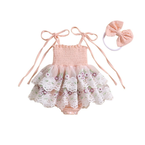 Musuos Newborn Girl Outfit, 3 6 12 18M Tie-up Embroidery Flower Romper Dress with Bowknot Hairband Summer Clothes