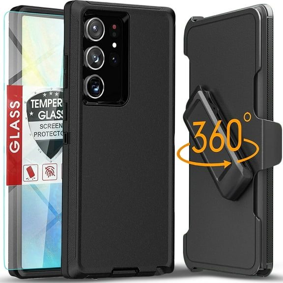 Starshop Galaxy S22 case, With Tempered Glass Protector, Shockproof Protection Rugged Hybrid Drop Belt Clip Cover Black