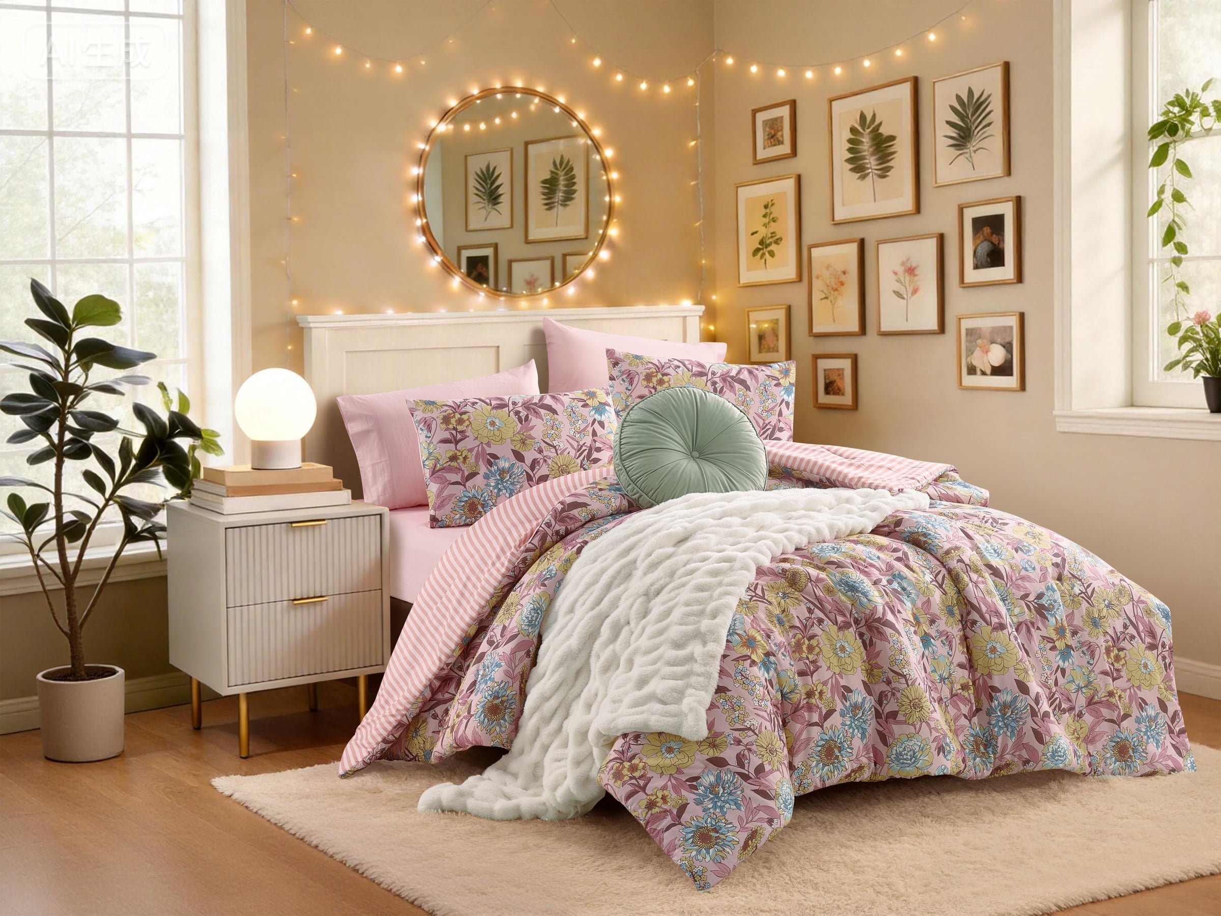 Mainstays Ensemble de draps à pois doubles Double, 4 pièces, Blanc