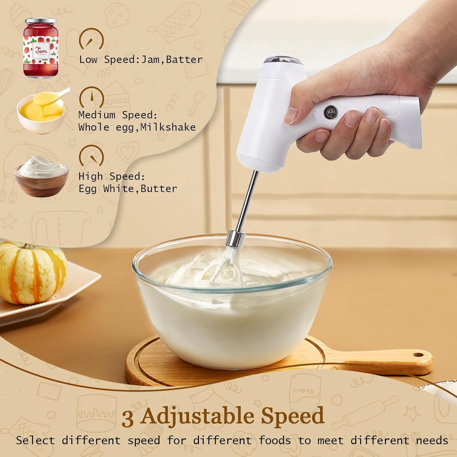 Cordless Hand Mixer, Handheld Electric Whisk with 3 Speed Modes, Held Egg Beater 2 Detachable Stir Whisks (White Silver)